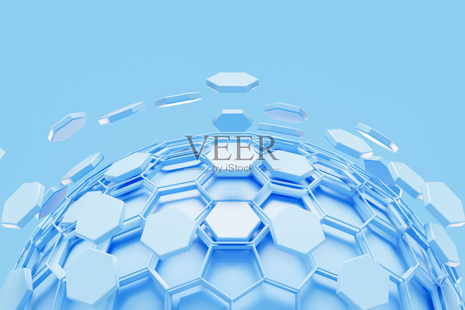 未来全球科技背景，蓝色背景上的抽象六边形球体照片摄影图片