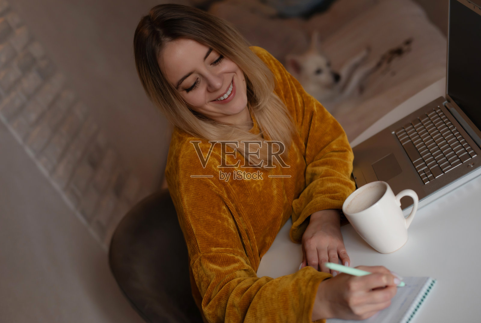 微笑的年轻女性穿着芥末色毛衣，在桌子上写笔记，旁边有咖啡和笔记本电脑。温馨的室内环境中，背景有一只白色狗狗在床上休息。照片摄影图片