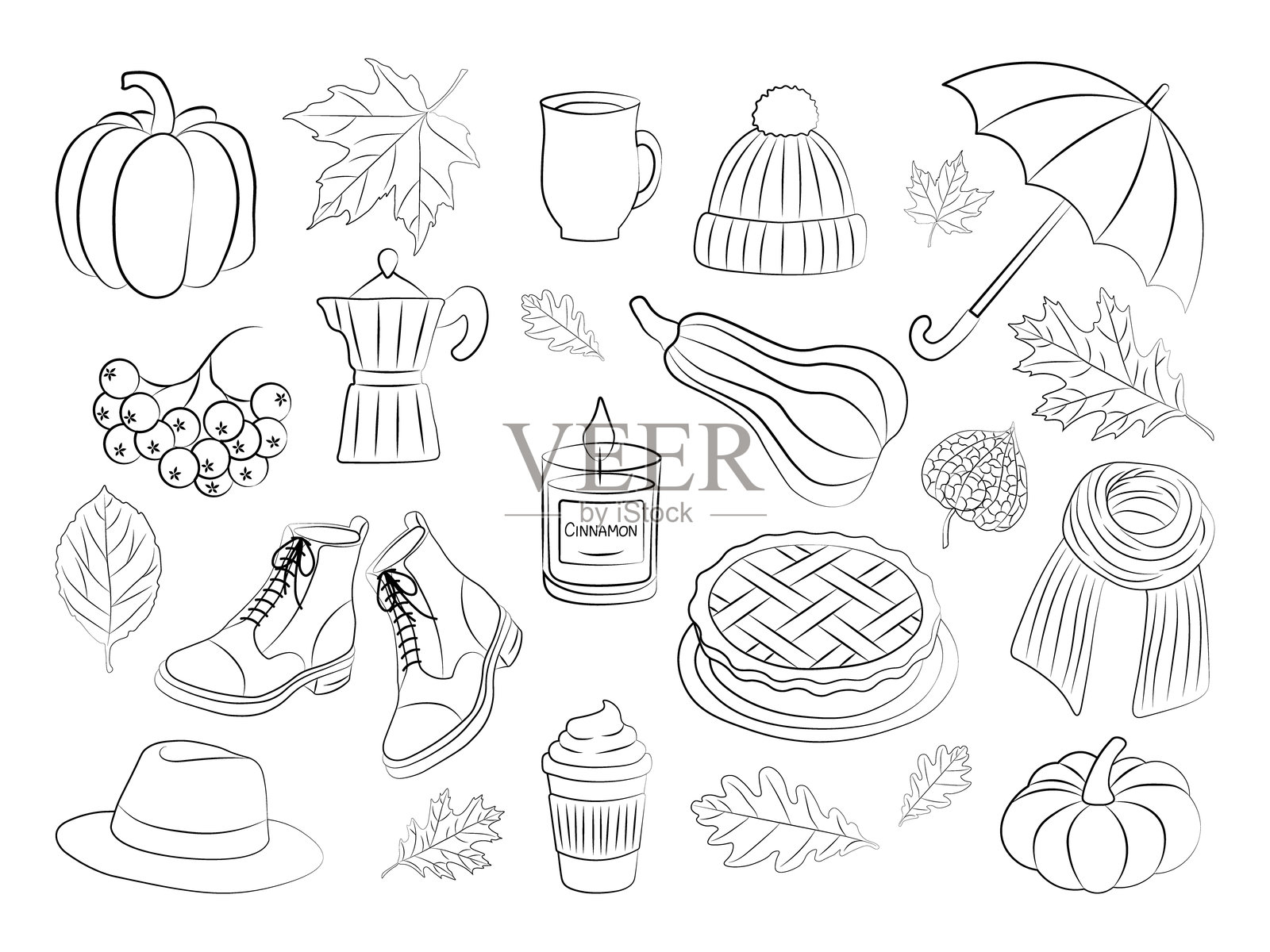 温馨的秋季涂鸦套装。手绘的秋季剪贴画，包括树叶、南瓜、蜡烛、派和季节性元素。非常适合季节设计、丰收节和涂色活动。插画图片素材