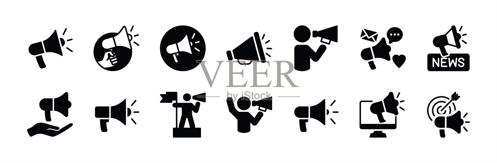 扩音器、扬声器、喇叭图标矢量集。包含新闻公告、行动主义、公共信息、沟通、宣布、响亮的音频声音、社交媒体、声音。插图插画图片素材