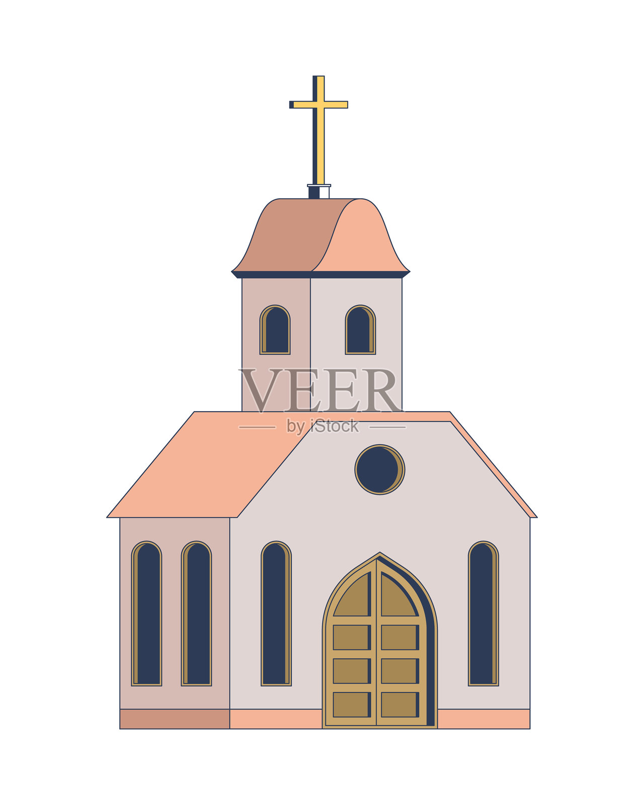 传统基督教教堂建筑 2D 卡通物体插画图片素材
