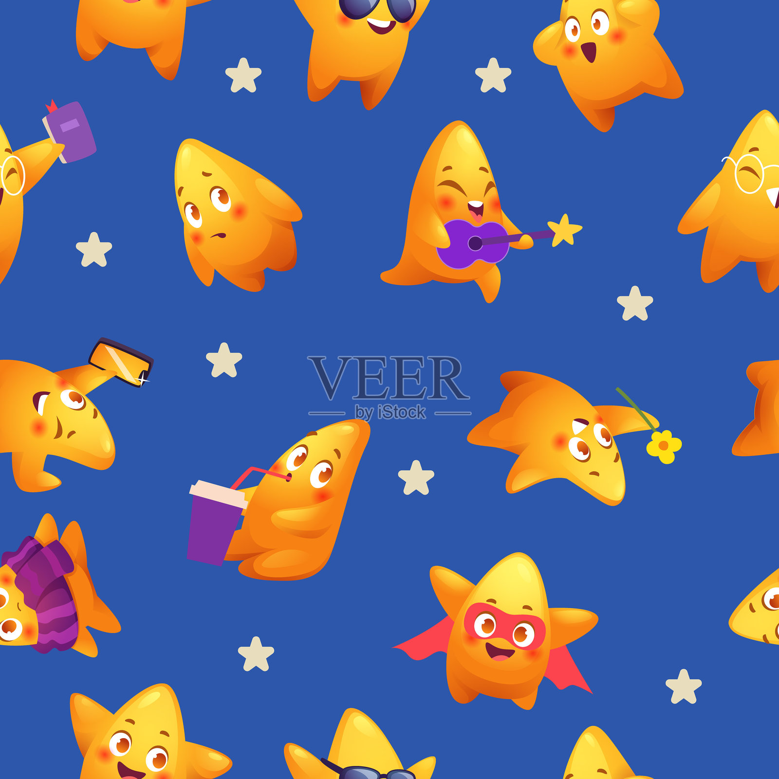 星星图案。无缝背景，带有情感和动作姿势的卡通星星插画图片素材