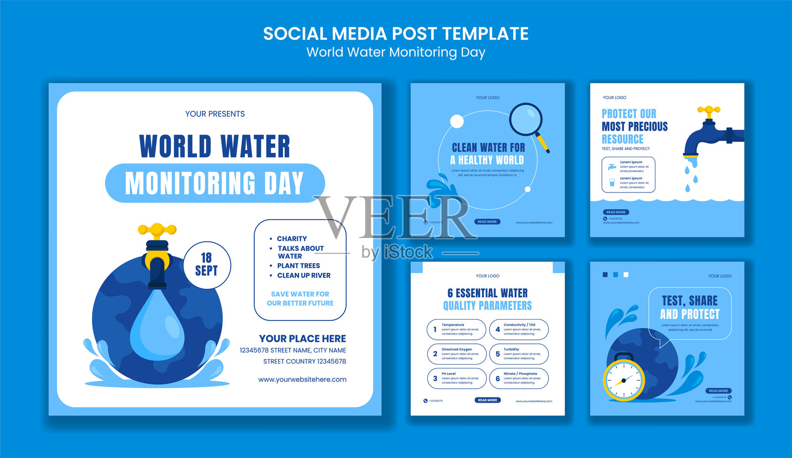 世界水监测日宣传插图，卡通风格，适合社交媒体发布插画图片素材