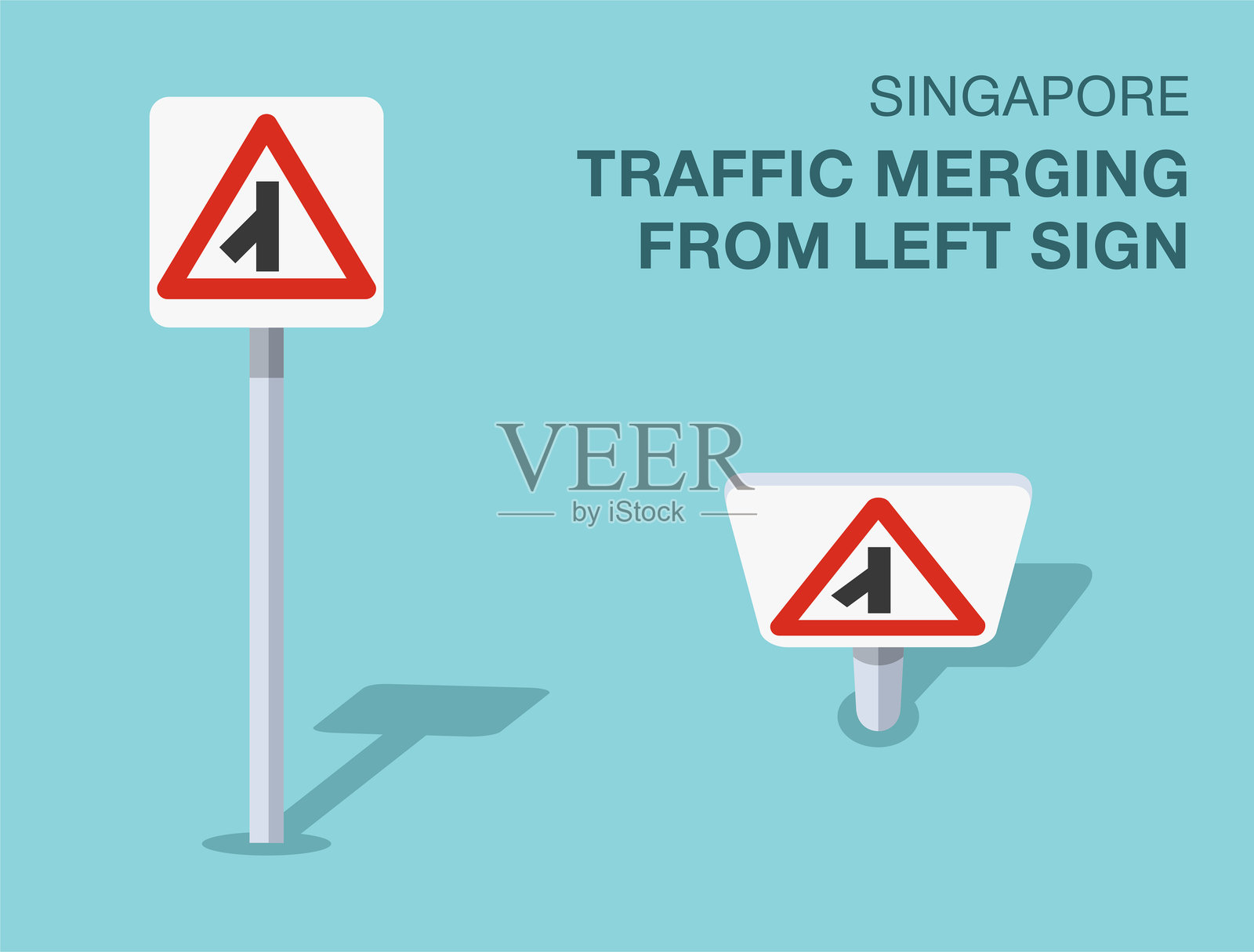 交通规则。孤立的新加坡“左侧合流”交通标志。正面和顶部视图。矢量插图模板。插画图片素材