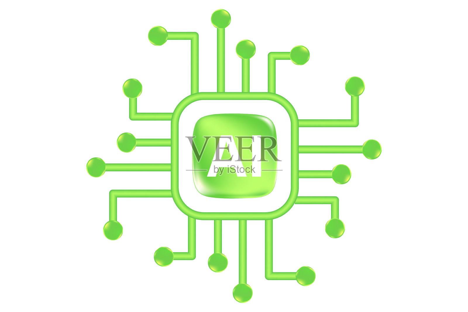 绿色人工智能技术3D芯片图标，独立，透明背景。未来感发光玻璃处理器图标，数字连接，计算机CPU，人工智能网络。插画图片素材