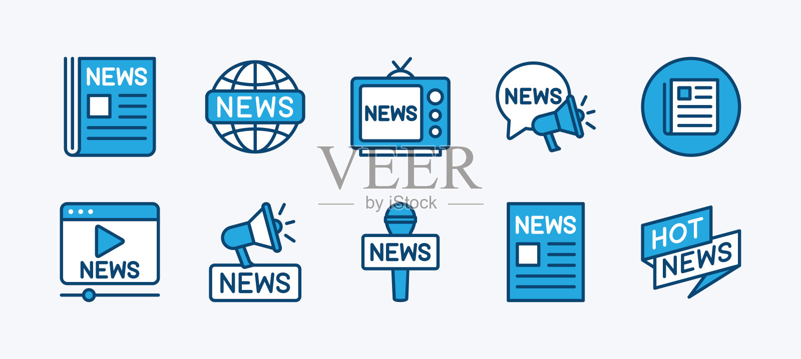 新闻图标集。包含报纸、公告、社交媒体、国际电视、热点新闻、麦克风、扩音器、纸张、通讯、新闻业、新闻纸、直播。矢量插图。插画图片素材