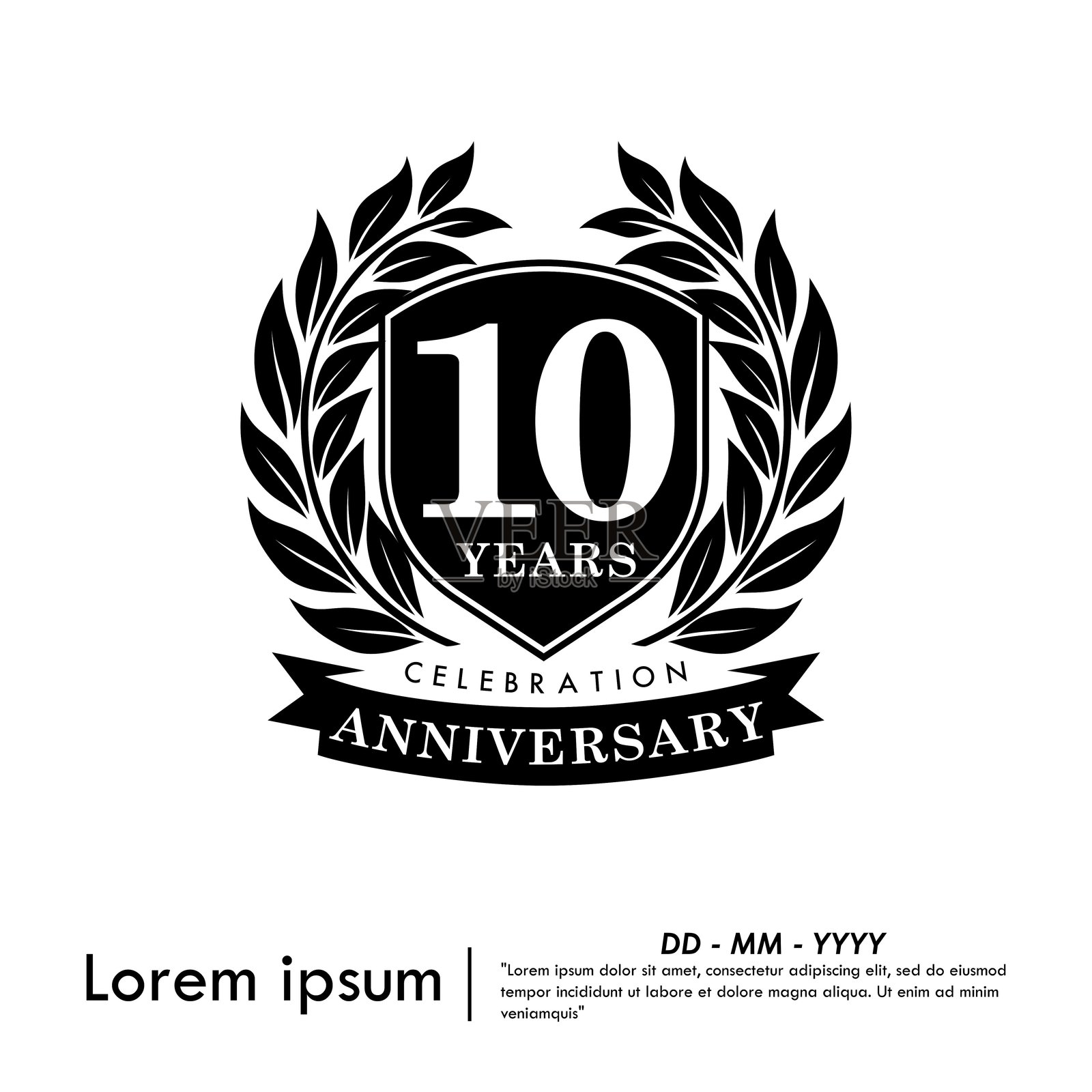 十周年庆祝徽章。恭贺周年纪念的黑色标志，配有月桂花环、丝带和边框。适用于网页横幅的矢量插图设计模板。插画图片素材