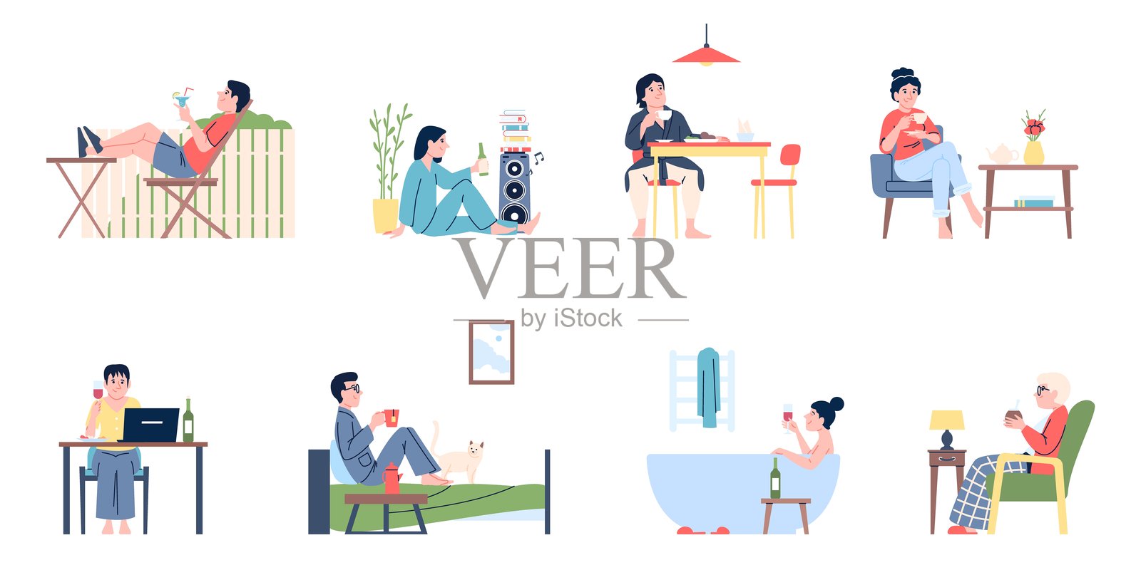 休闲时光与饮品。老年人与年轻人在家中和户外饮酒，花园、床上或浴缸中。白天和晚上的休息与放松，近期的矢量场景。插画图片素材