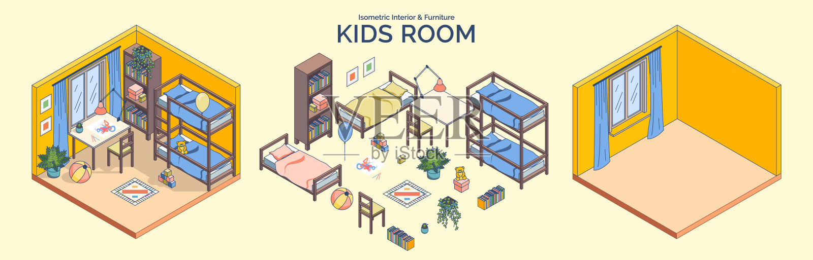 卡通色彩儿童房室内和家具概念3D等距视图线条元素。矢量图插画图片素材