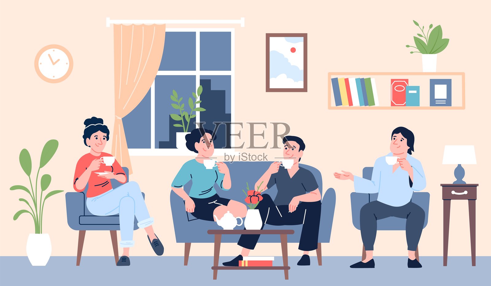 朋友们在喝咖啡。情侣在家见面，友谊与关系。年轻人在客厅喝酒聊天，最近的矢量场景。插画图片素材
