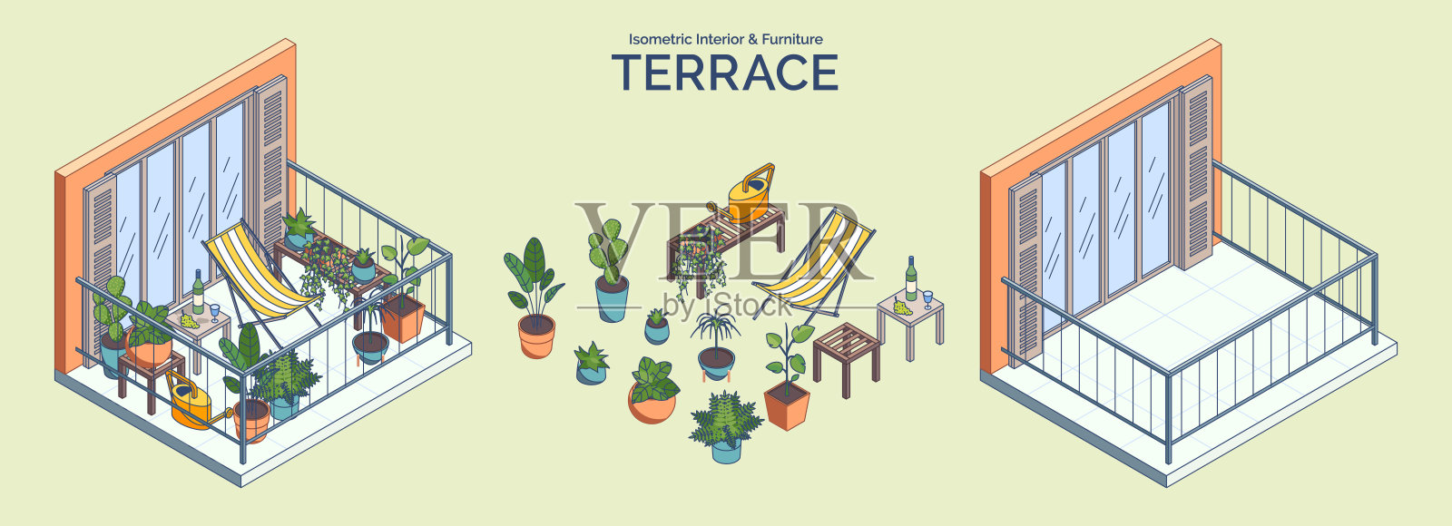 卡通色彩阳台外观与不同植物、家具概念的3D等距视图线条元素。矢量图。插画图片素材