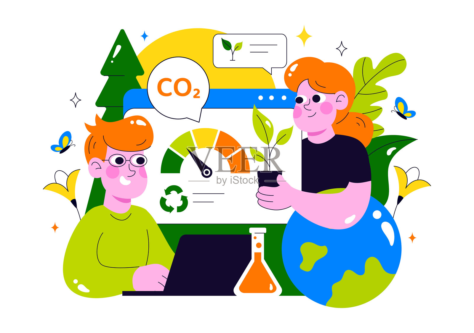 碳足迹减少插图，展示环境污染影响分析，包括二氧化碳、对自然、气候和全球生态平衡的影响插画图片素材