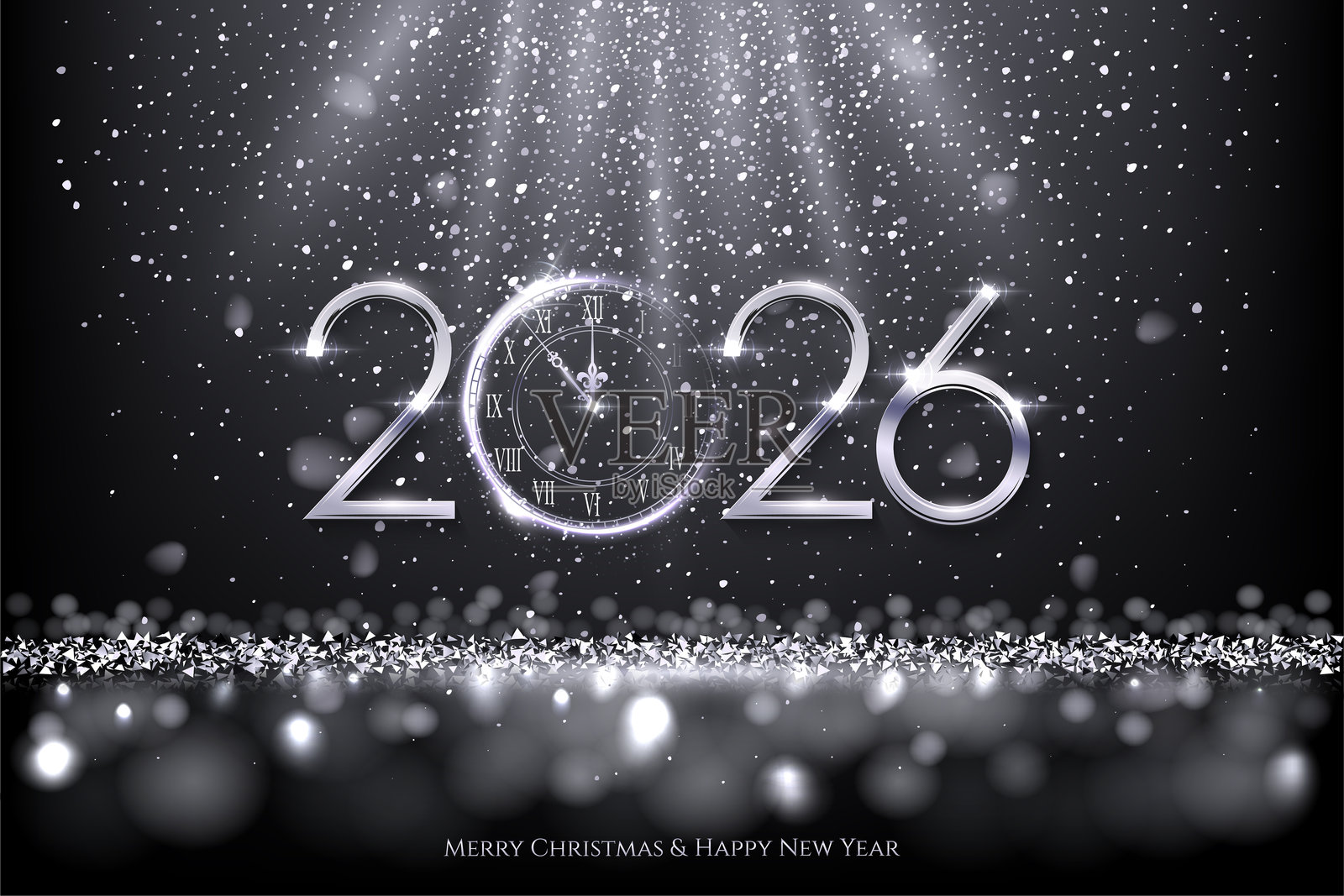 2026年新年贺卡矢量插图。节日圣诞社交媒体横幅。2026年倒计时背景，伴有五彩纸屑和闪烁的灯光，背景为黑色。奢华的节日明信片。插画图片素材