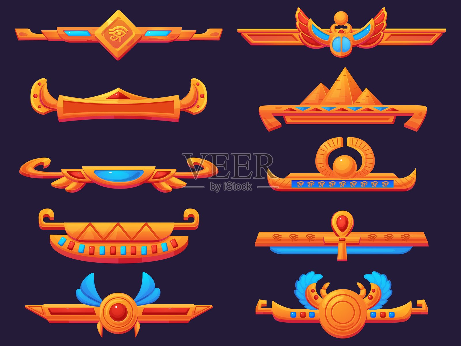 埃及风格的游戏边框。古埃及金色框架元素，带翅膀的金属分隔物，埃及十字，宝石。现代游戏矢量套件。插画图片素材