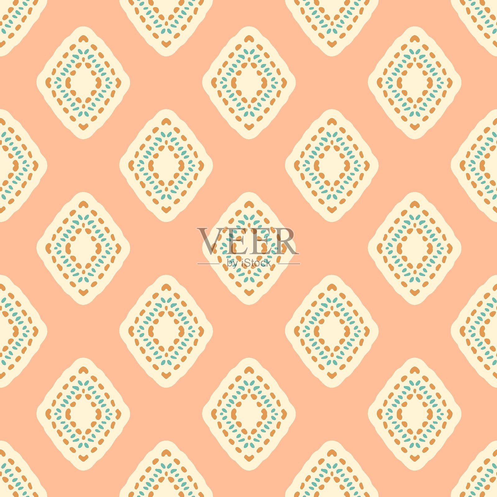 手绘块印无缝图案。柔和的桃粉色和奶油色ajrak印花。质感纺织品波西米亚菱形瓷砖。插画图片素材