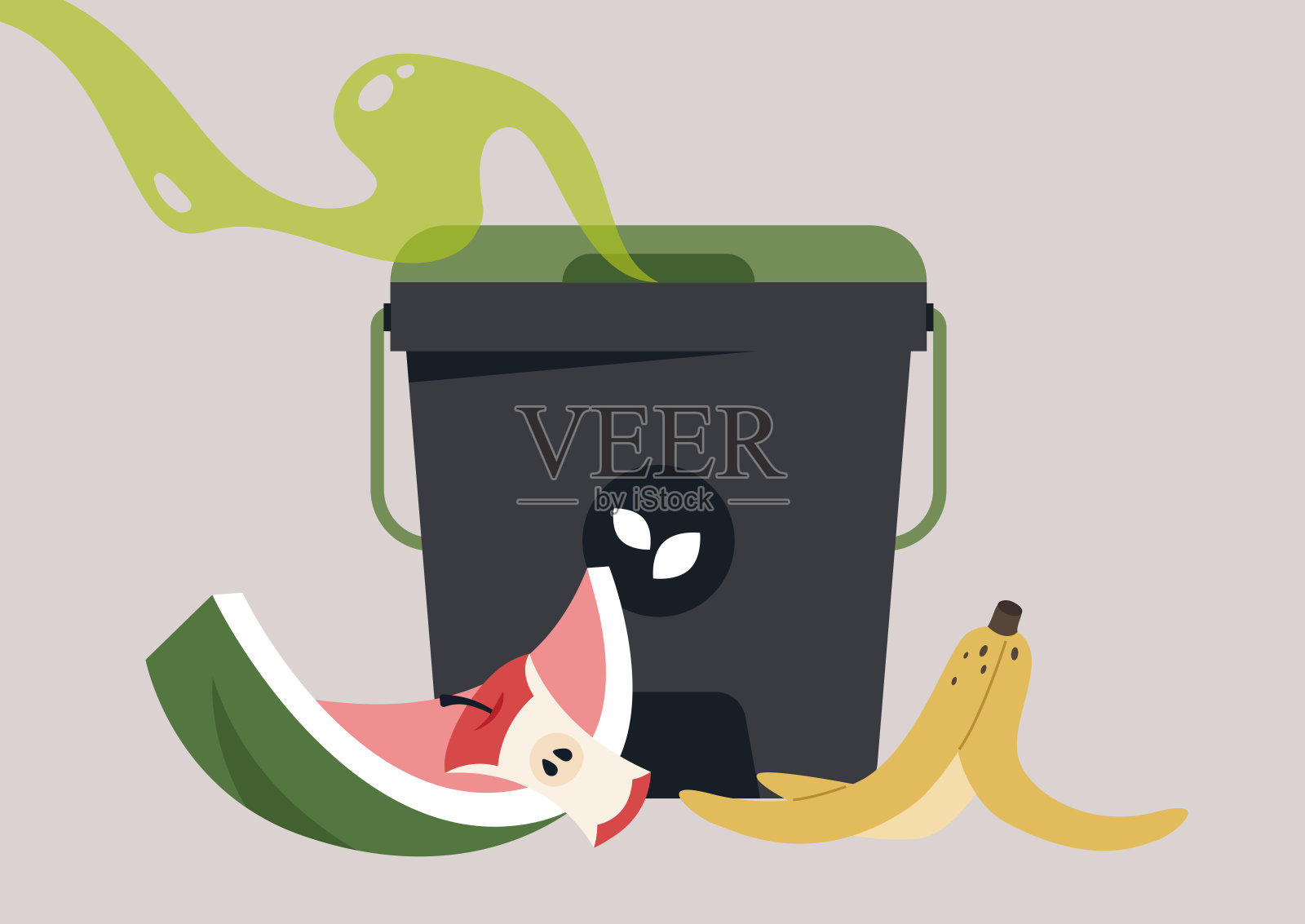 强烈的气味从一个装满腐烂有机物的堆肥箱中飘出，包括西瓜皮和过熟的香蕉，展示了城市地区废物管理的现实。插画图片素材