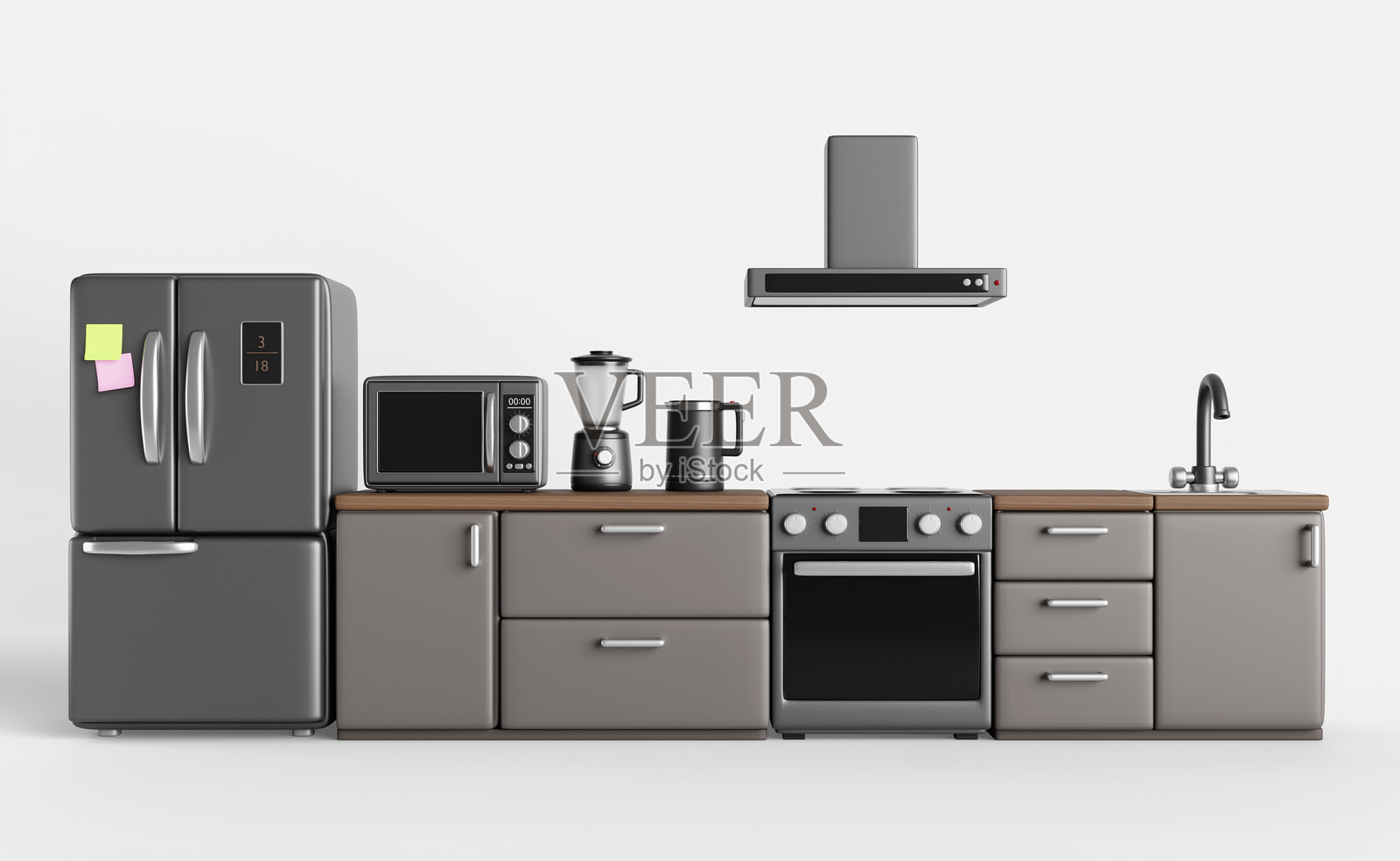 3D厨房室内套件，家具和电器。冰箱、燃气灶、抽油烟机、微波炉、搅拌机和水壶。现代灰色外观，配有木质台面、水槽和水龙头。照片摄影图片