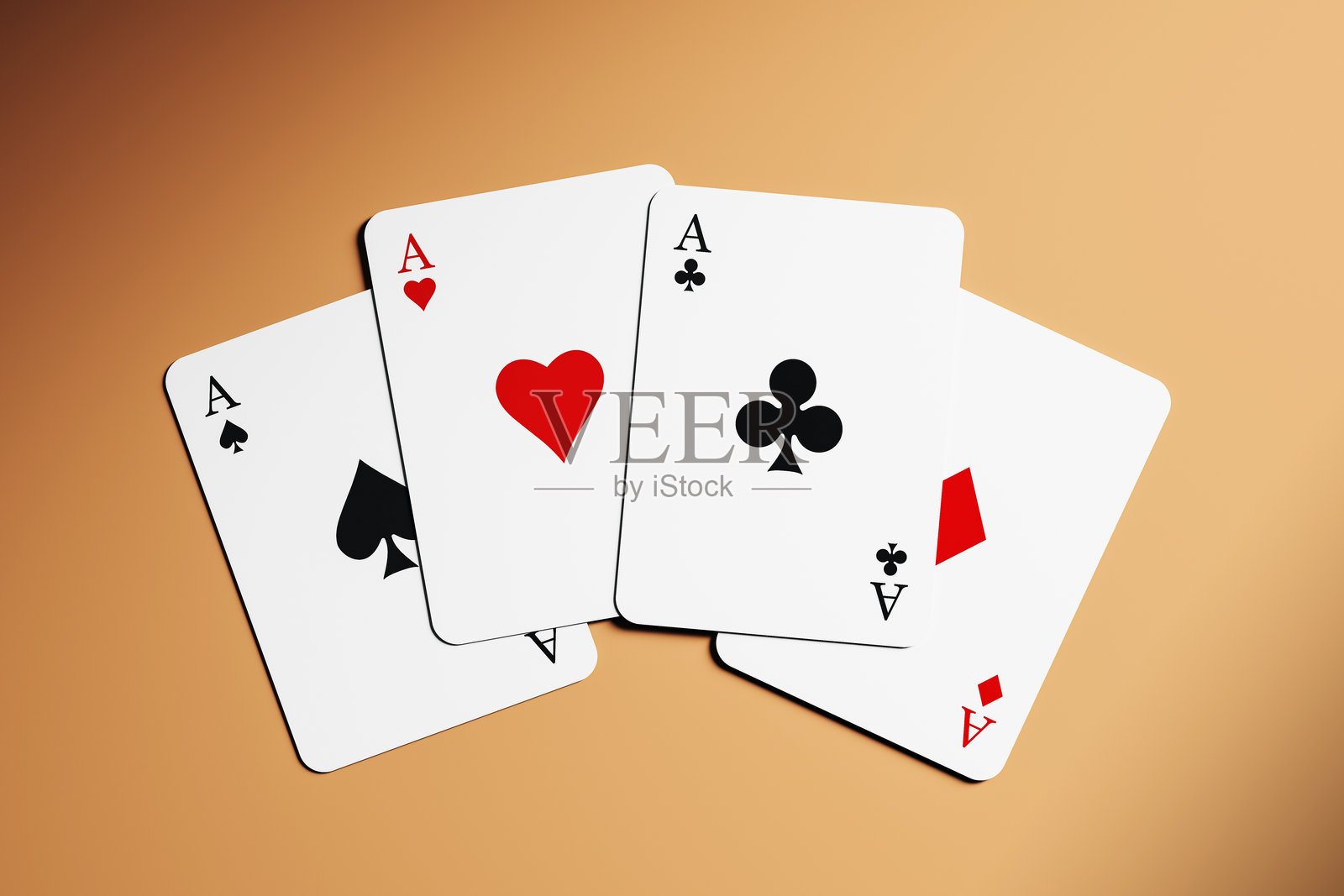 四张王牌在干净的渐变背景上孤立，俯视设计，适用于赌场游戏、品牌推广和娱乐概念。3D渲染。照片摄影图片