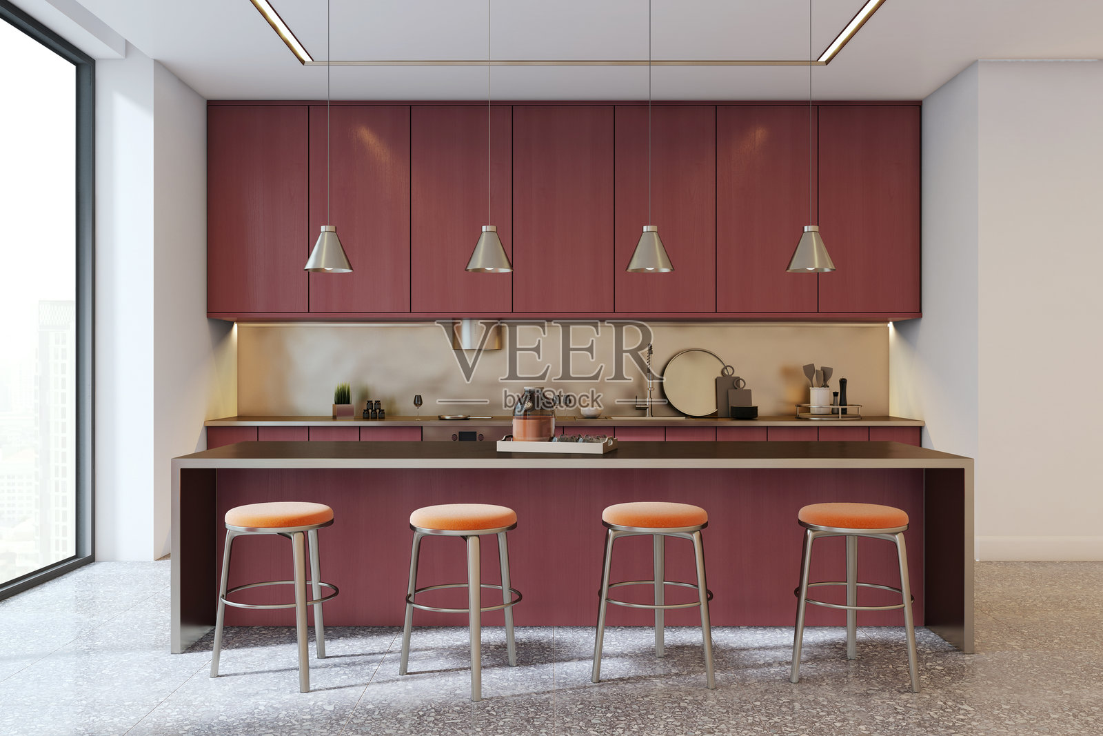现代厨房室内，红色橱柜、岛吧、吊灯，以及通过大窗户俯瞰城市的时尚空旷家居环境。3D渲染图照片摄影图片