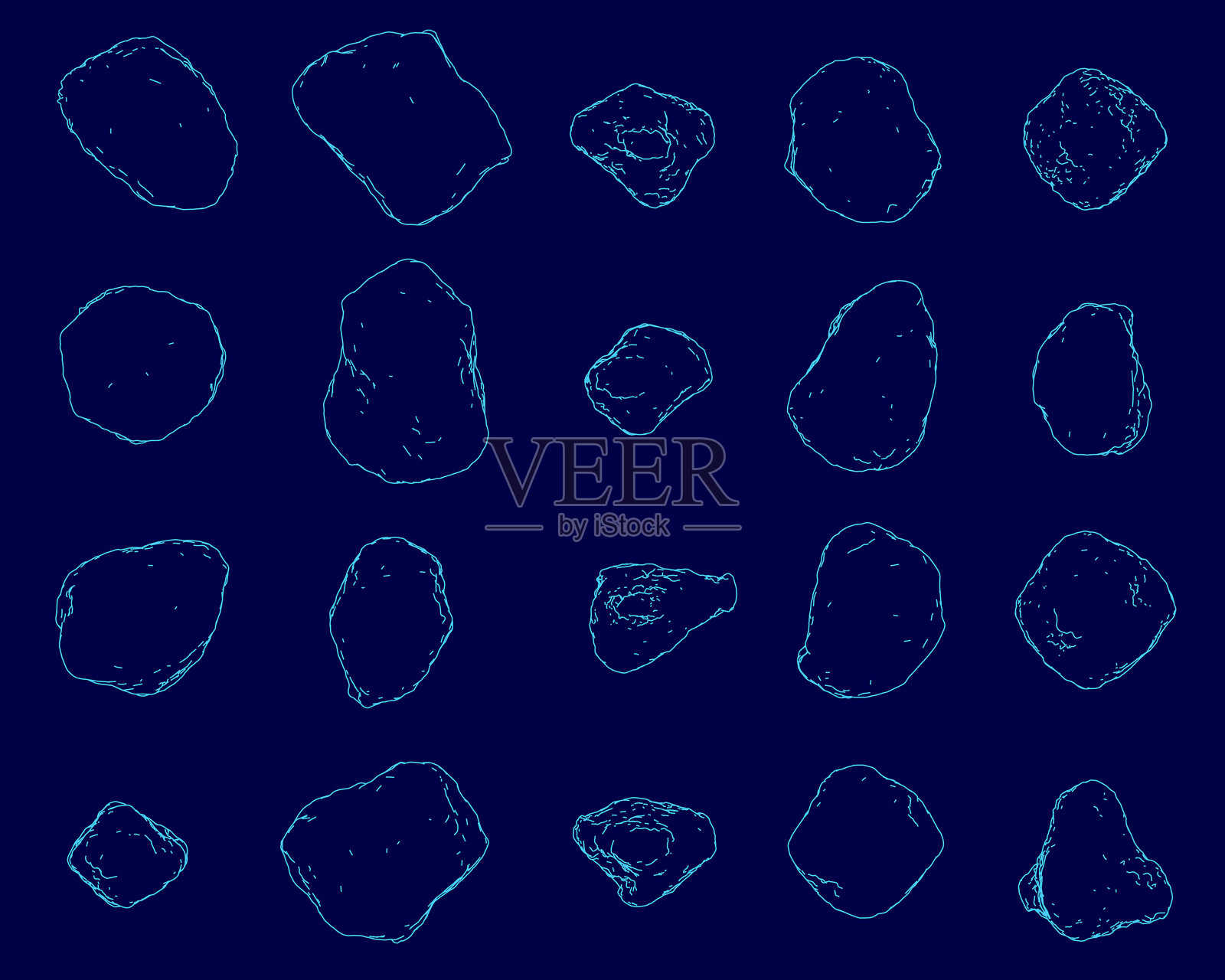 蓝色岩石以整齐的图案排列，形状和纹理独特。鲜明的对比突显了它们在深蓝色背景下的轮廓。每块岩石展现出微妙的色调变化。插画图片素材