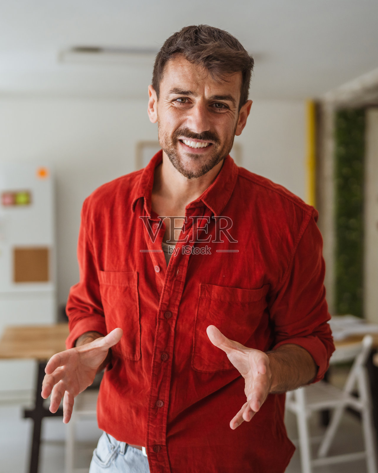 创业公司创始人在办公室休息室讲解他的商业想法照片摄影图片