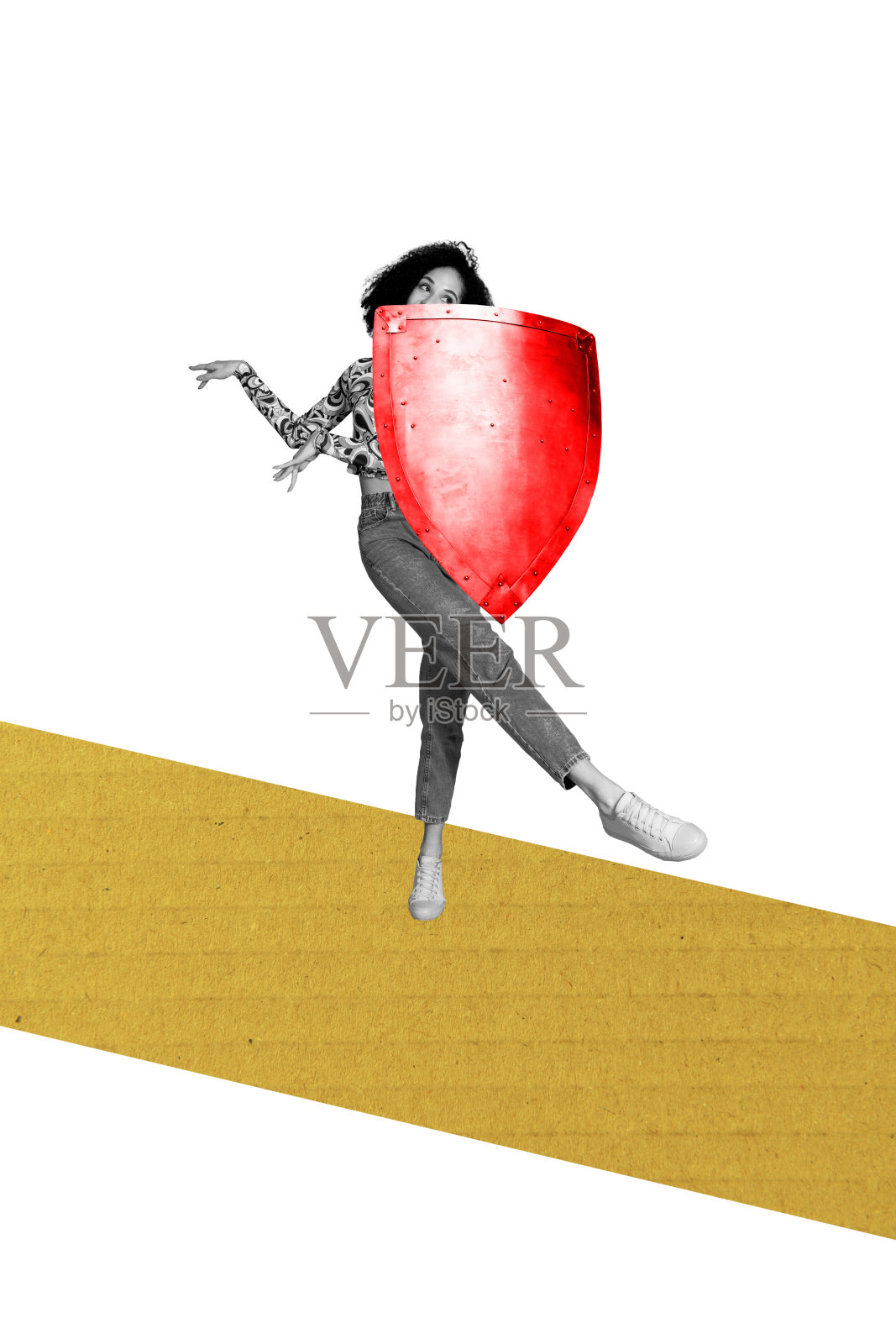 时尚横幅3D海报图像，童话角色女孩和男孩穿着金属盔甲，钢铁保护，守卫亚瑟王之剑。照片摄影图片