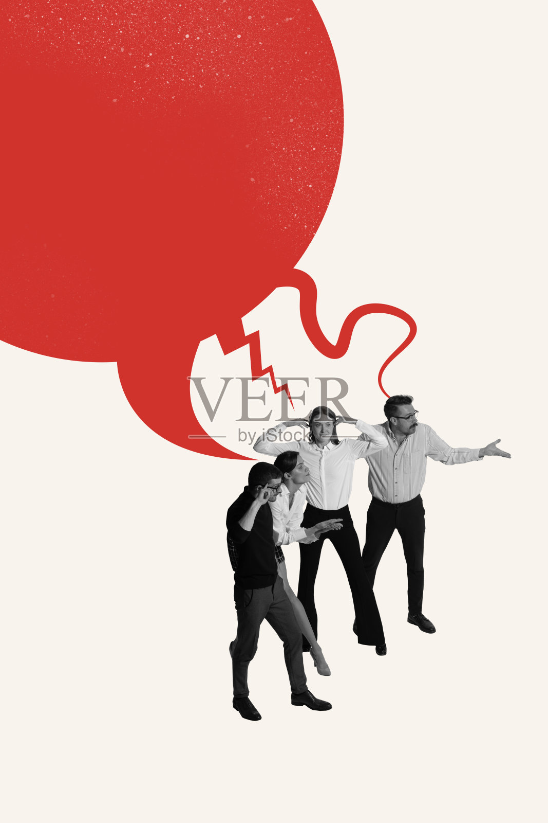 商业团队对大型破损红色对话框的反应的明亮拼贴画照片摄影图片