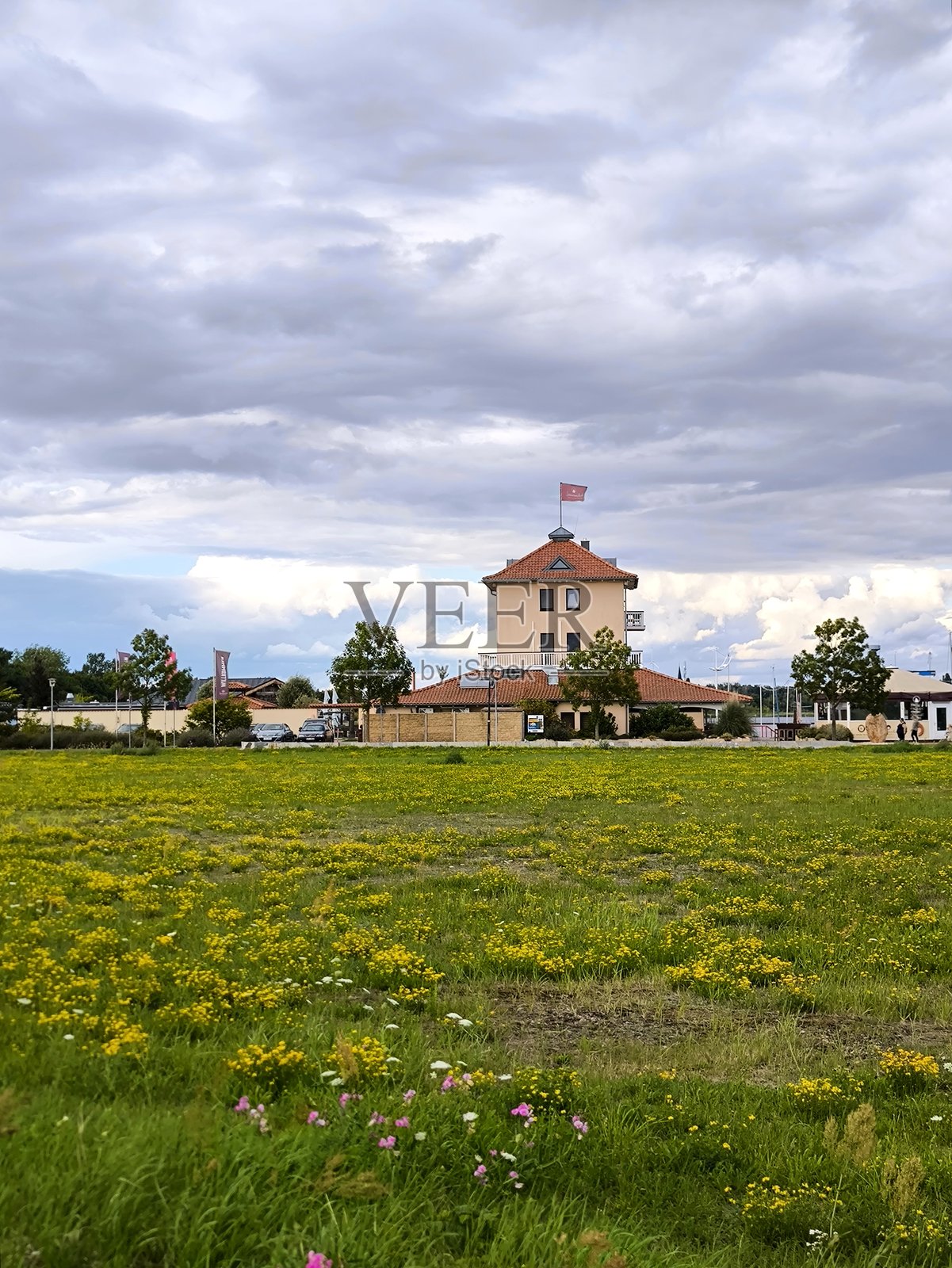 在多云的日子里,花田背景下的建筑物与塔楼和旗帜照片摄影图片