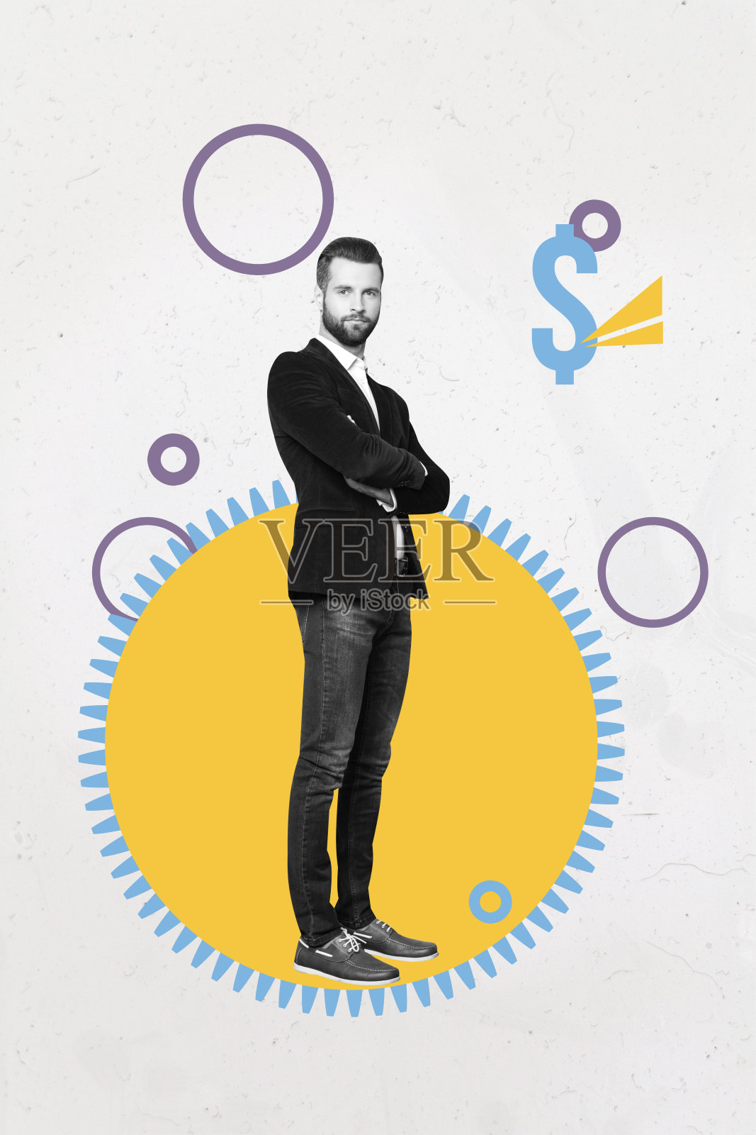 时尚的垂直照片拼贴，展示快乐的男商人和女商人收到美元资本收益收入利润照片摄影图片