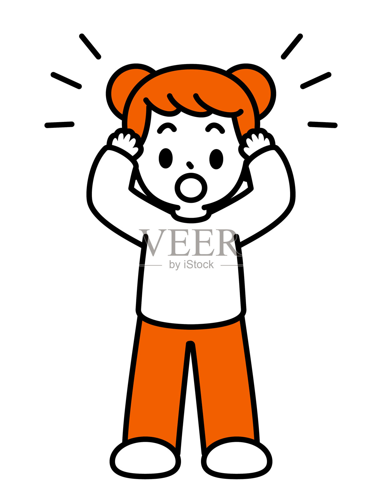 一个可爱的女孩用双手抱住头，惊讶地尖叫。插画图片素材