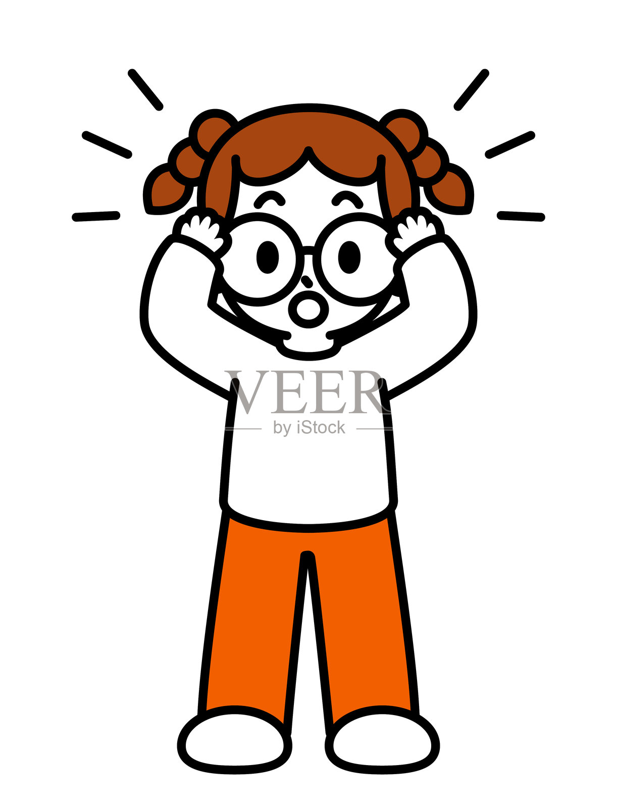 一个可爱的女孩用双手抱住头，惊讶地尖叫。插画图片素材