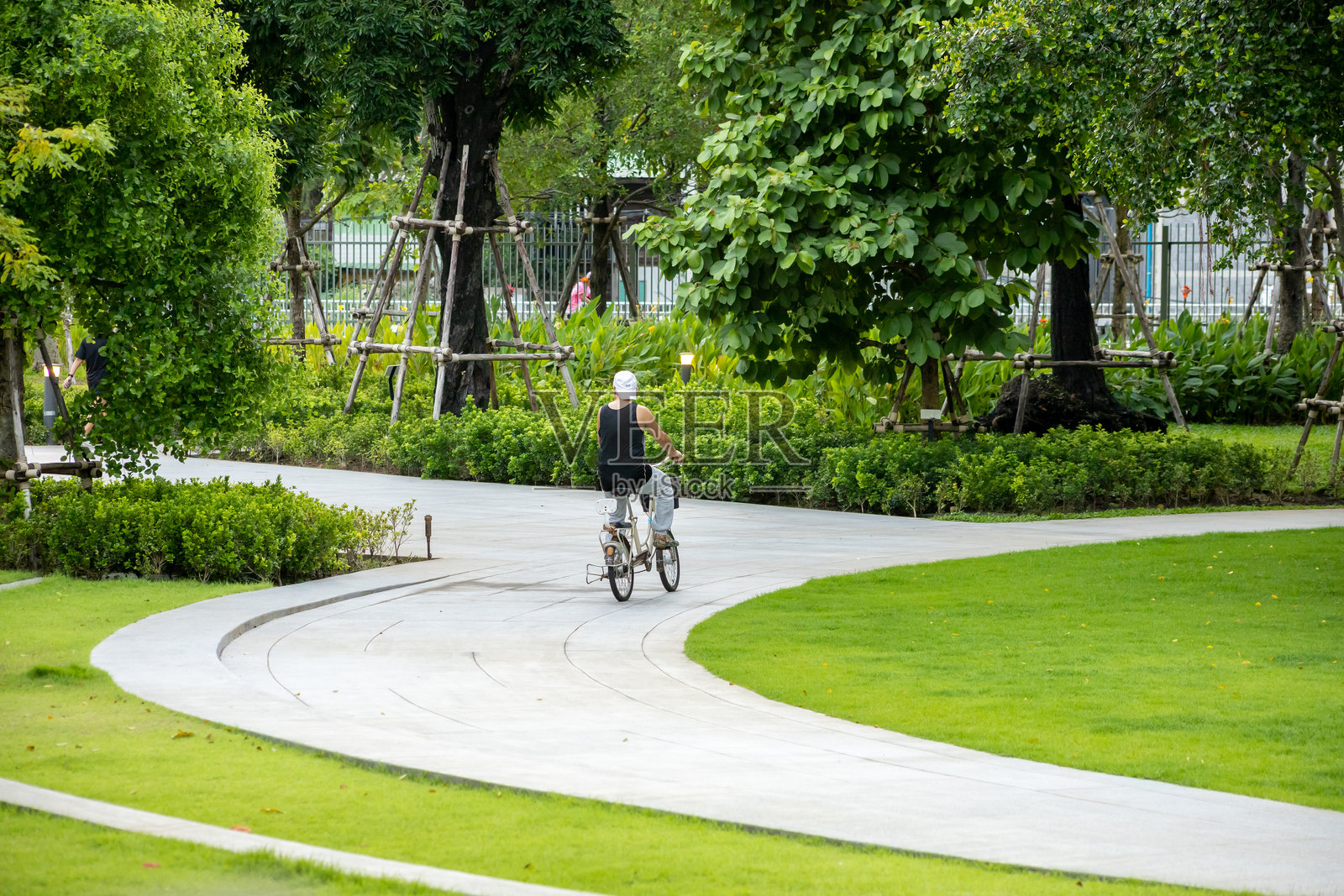 在花园里骑自行车照片摄影图片