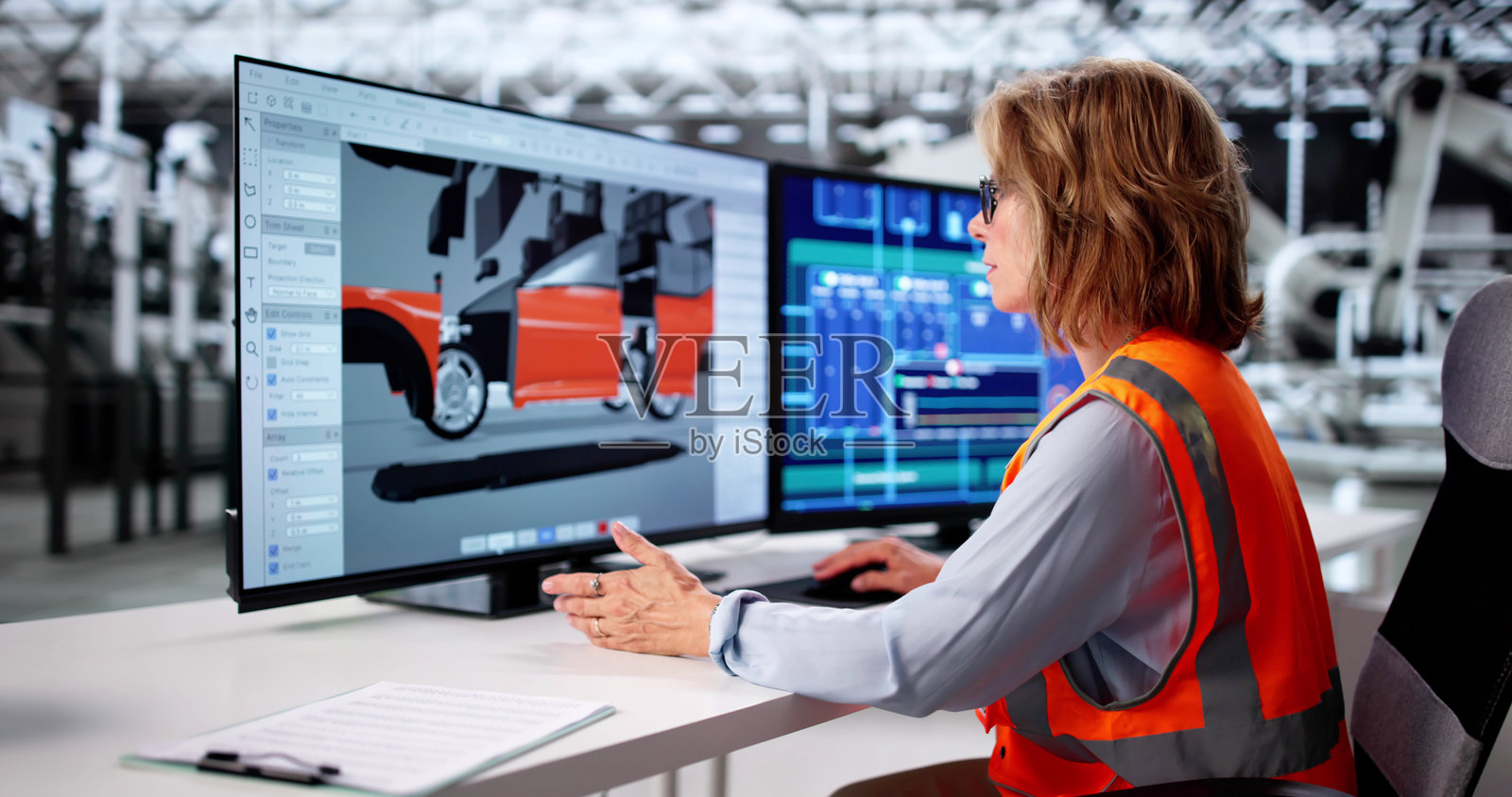 专家工程师使用电脑检查电动汽车制造过程照片摄影图片