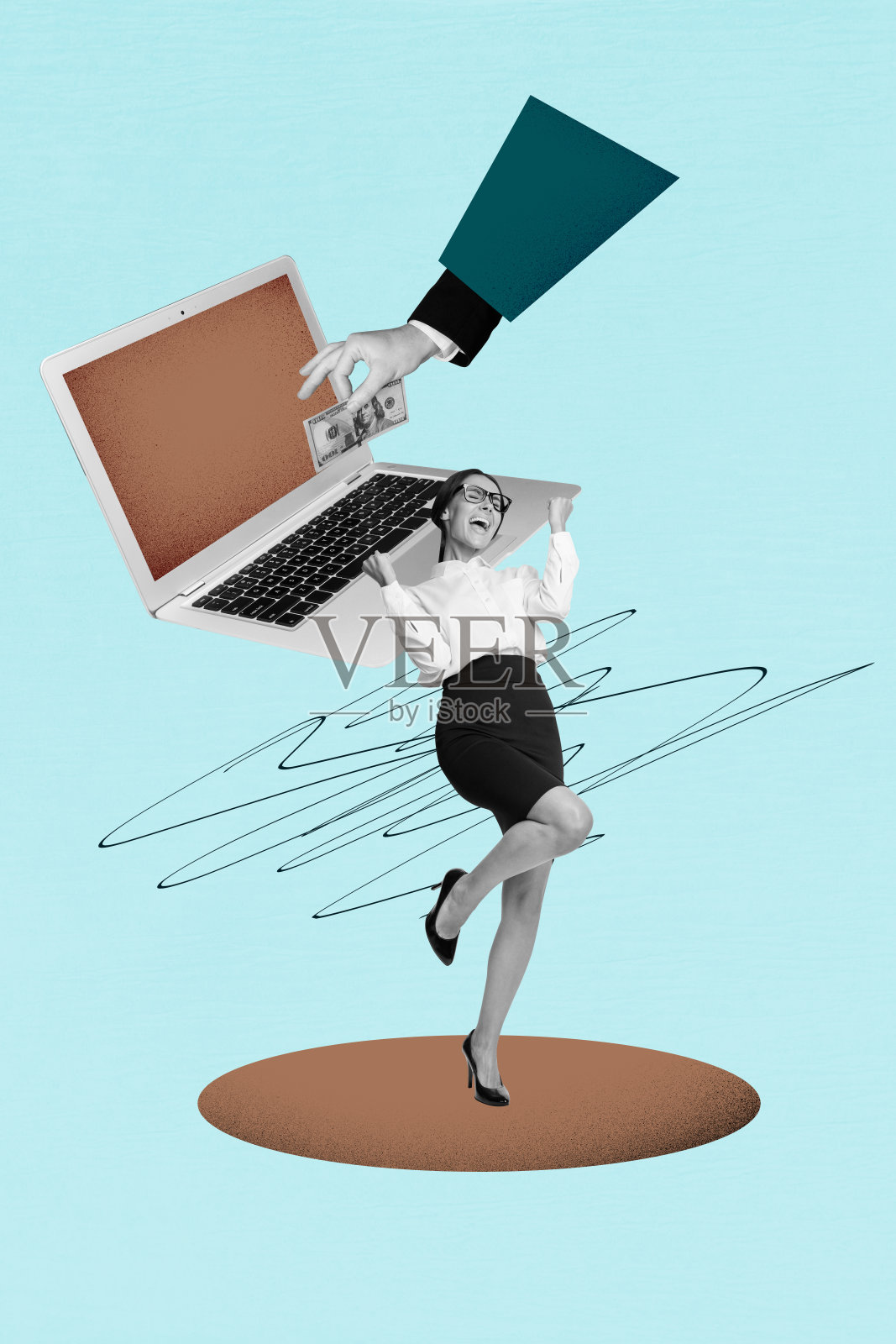 蓝色背景上，个人赢得美元钞票的海报拼贴，笔记本电脑在上方。照片摄影图片