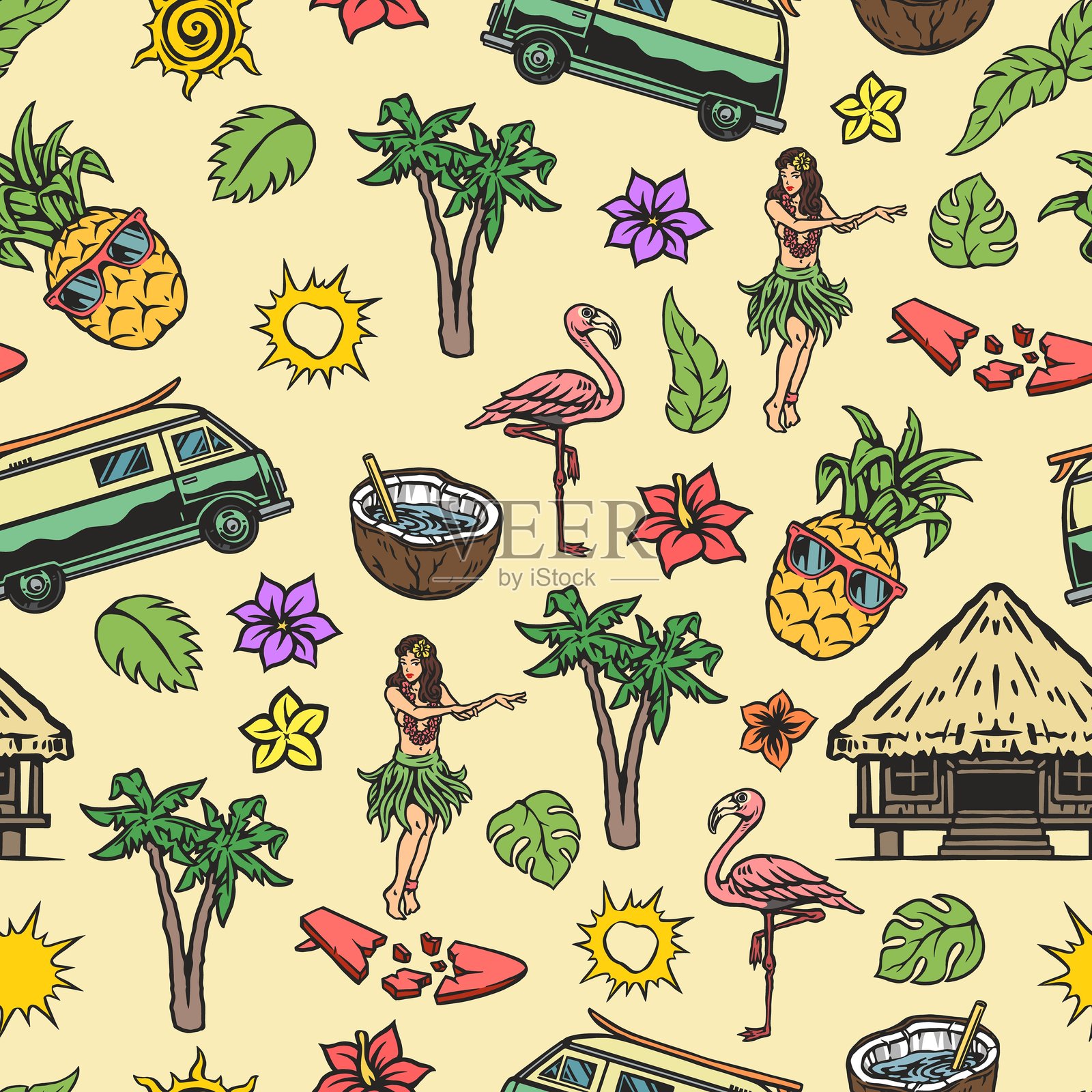 热带海滩与椰子树和火烈鸟插画图片素材