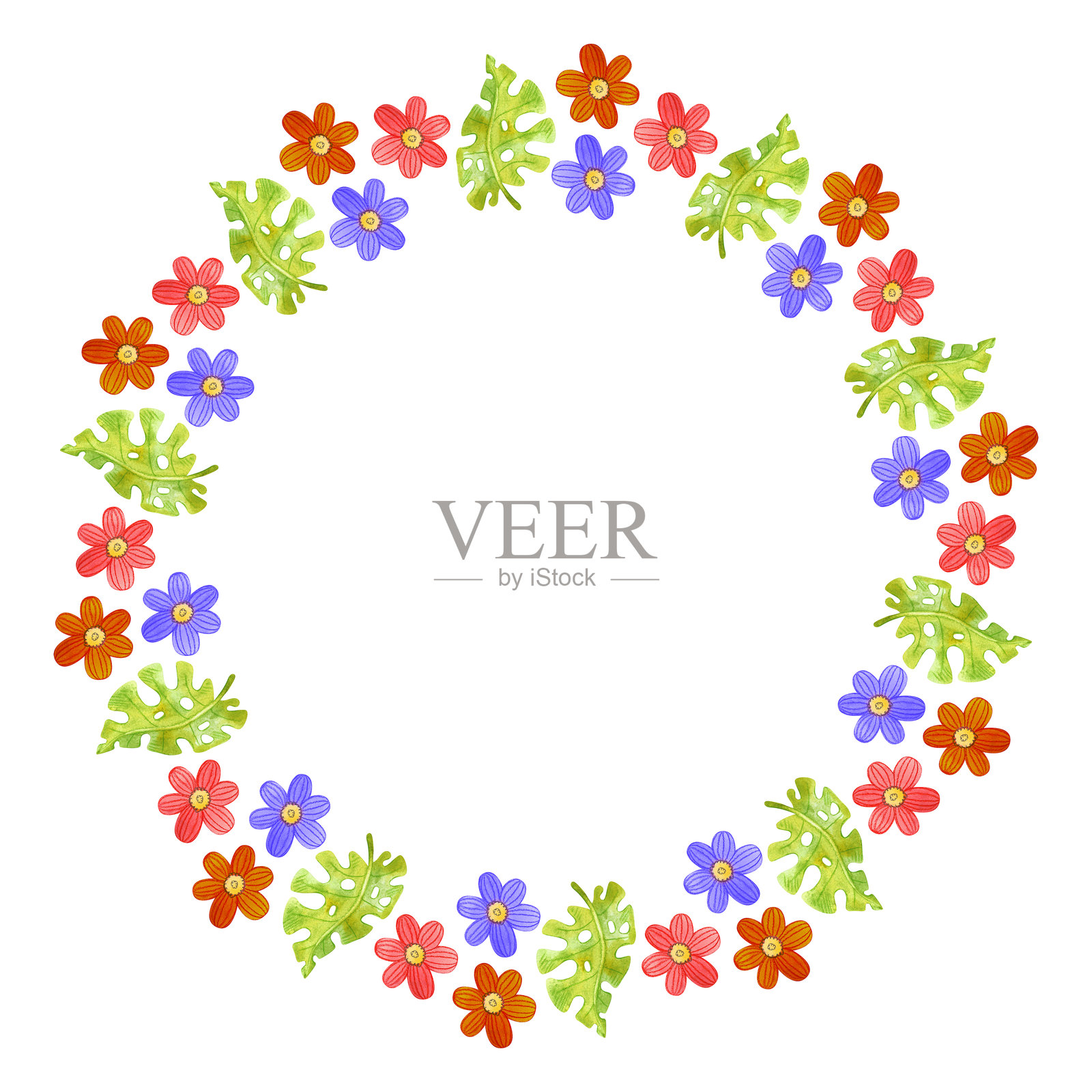 圆形夏季框架，装饰着明亮的花朵和热带植物。插画图片素材