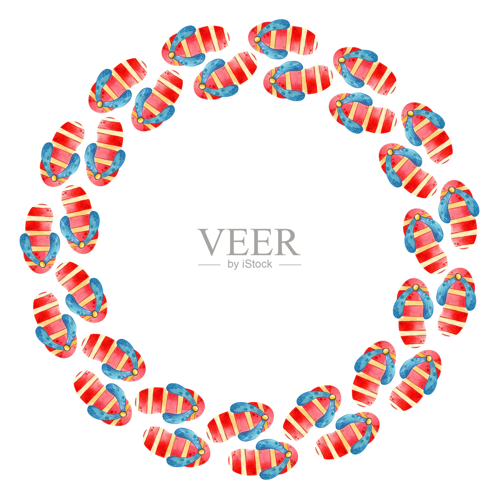 圆形夏季框架与沙滩拖鞋。鞋子的水彩插图插画图片素材