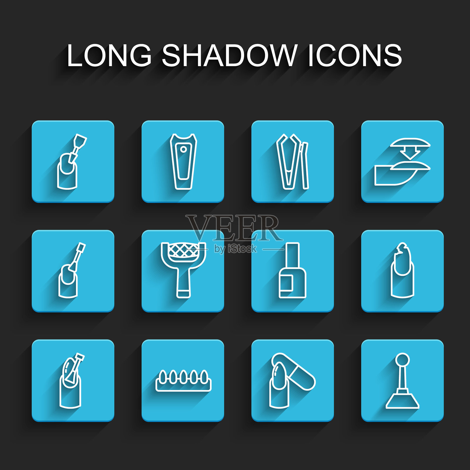 指甲修饰工具图标，包括假指甲、磨刀器、指甲锉、破损指甲和指甲油瓶。矢量图。插画图片素材