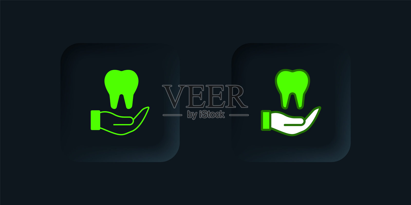 绿色牙齿图标，独立于黑色背景。牙齿符号用于牙科诊所或牙医医疗中心以及牙膏包装。黑色方形按钮。矢量图。插画图片素材