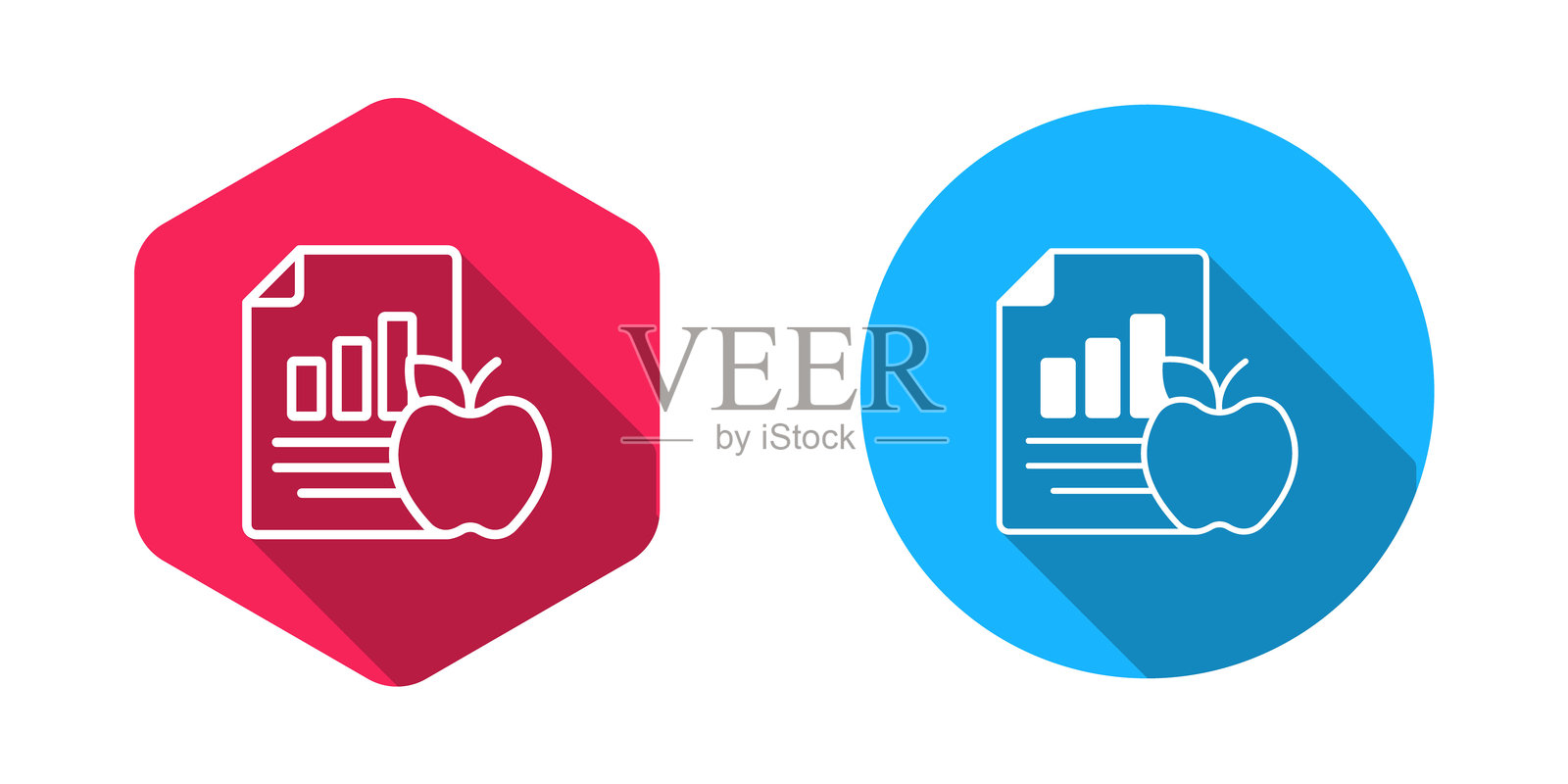 填充和轮廓的饮食计划图标，带有长阴影背景。健身马拉松、合理营养、健康食品、美丽身材、蔬菜、瘦身的概念。矢量图。插画图片素材