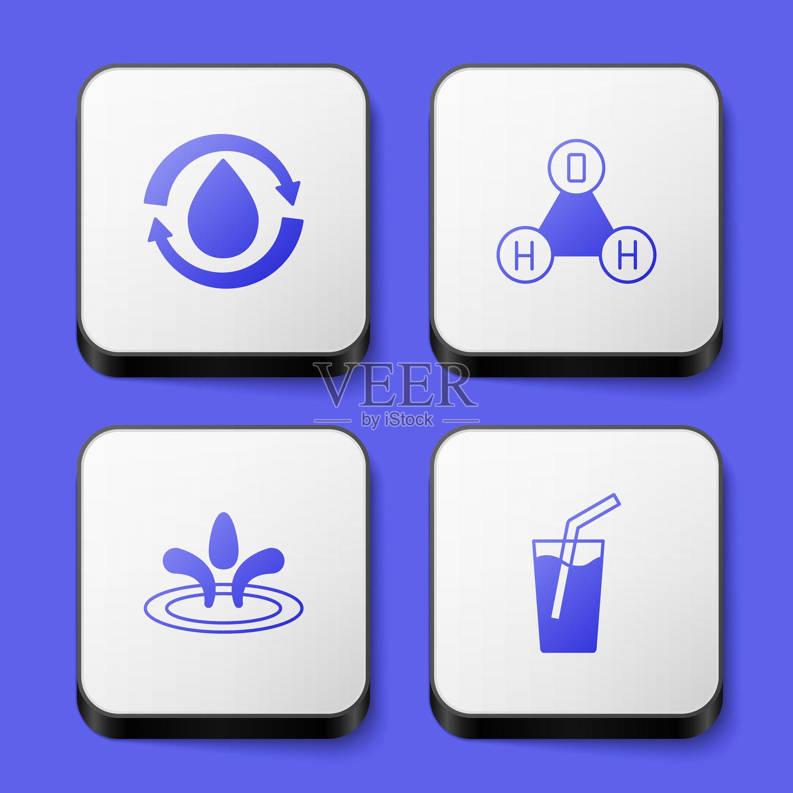 清洁水循环图标，化学式水 H2O，水滴与玻璃，白色方形按钮，矢量图。插画图片素材