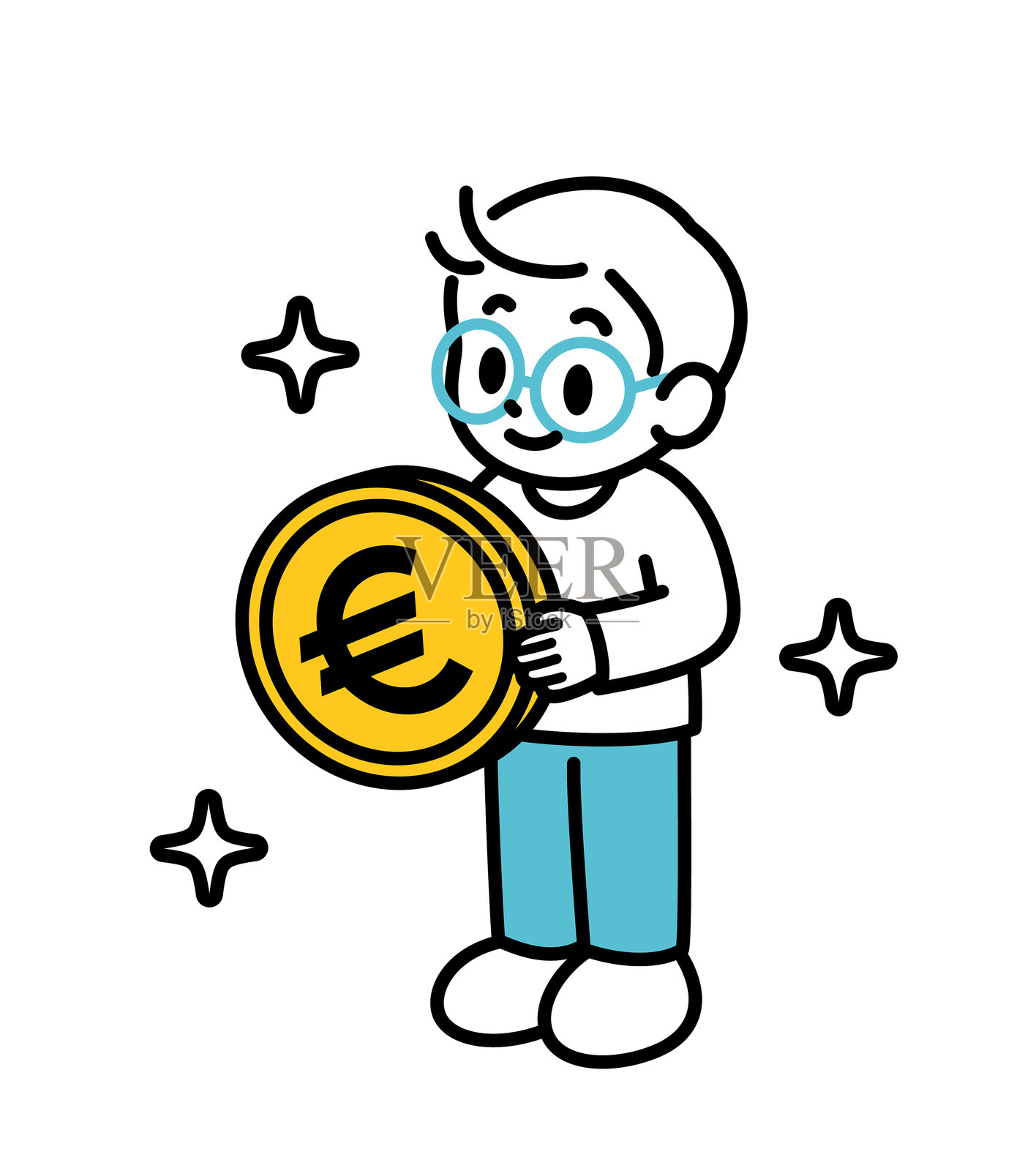 一个可爱的男孩拿着钱。黑色轮廓，平面色彩，极简风格。插画图片素材