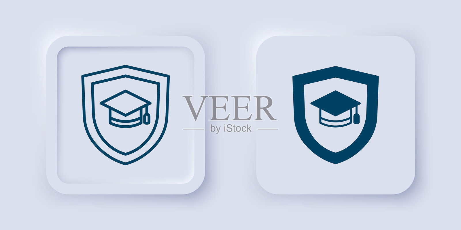 填充和轮廓的毕业帽与盾牌图标，背景为灰色。保险概念。安全、保护、保障概念。方形按钮。矢量图。插画图片素材