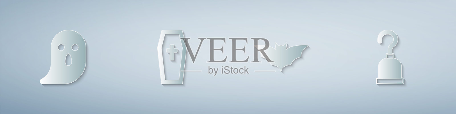 鬼魂、带有基督教十字架的棺材、飞翔的蝙蝠和海盗钩。纸艺风格。矢量图。插画图片素材