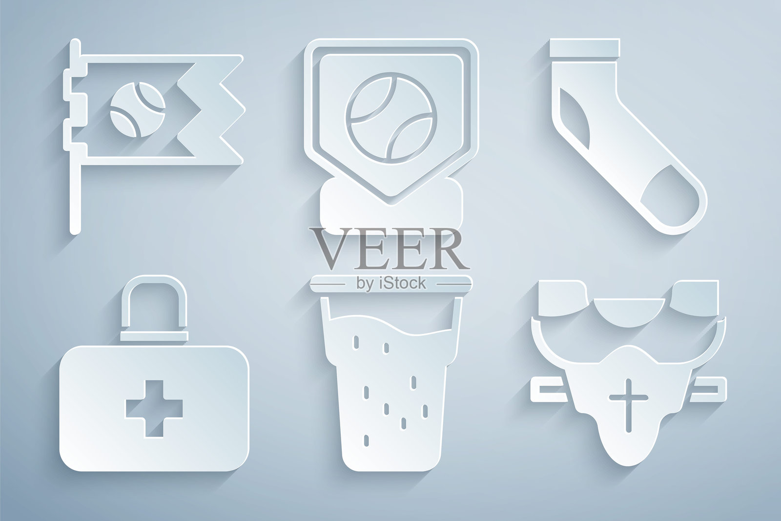 啤酒杯、棒球袜、急救包、球员护胸、垒包和带棒球图标的旗帜。矢量图。插画图片素材