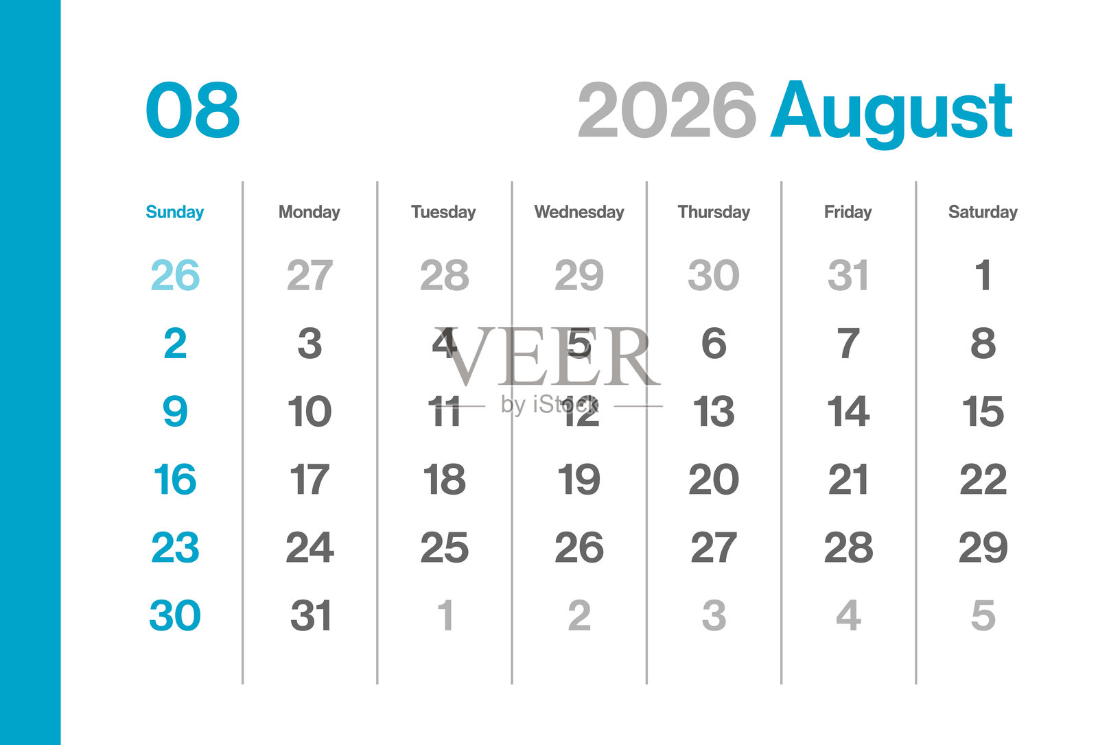 2026年8月日历 - 极简风格横向风景日历 - 矢量模板 - 欧洲网格 - 一周从星期日开始插画图片素材