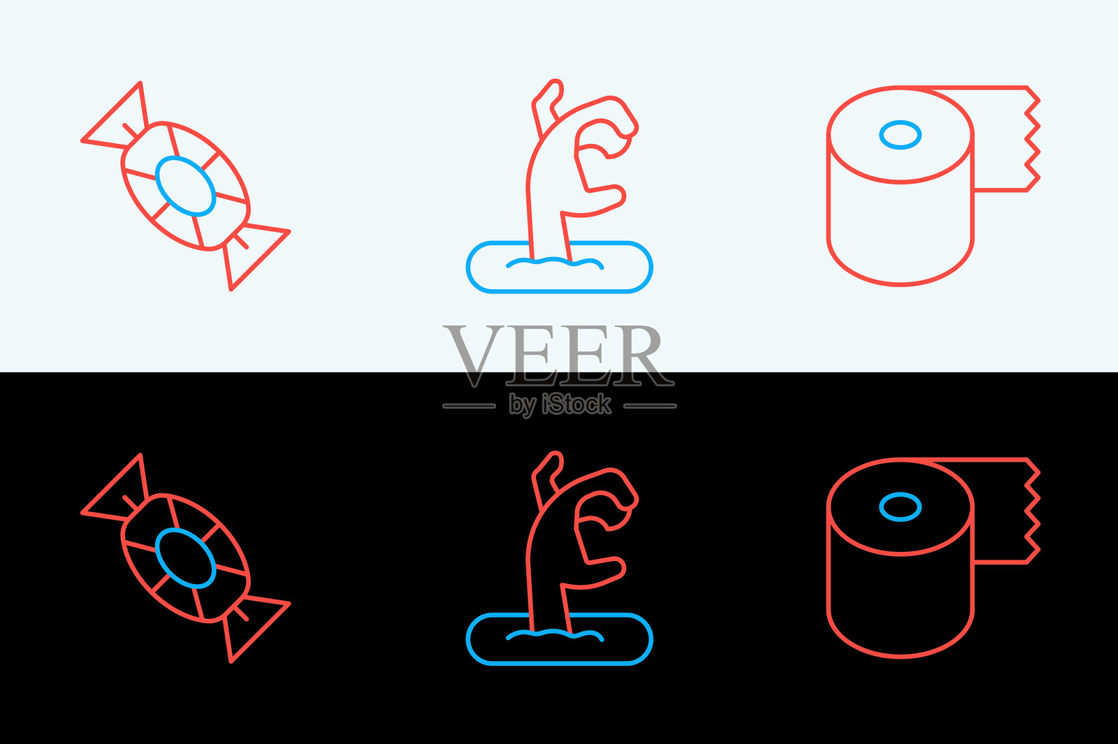 卫生纸卷、糖果和僵尸手图标。矢量图。插画图片素材