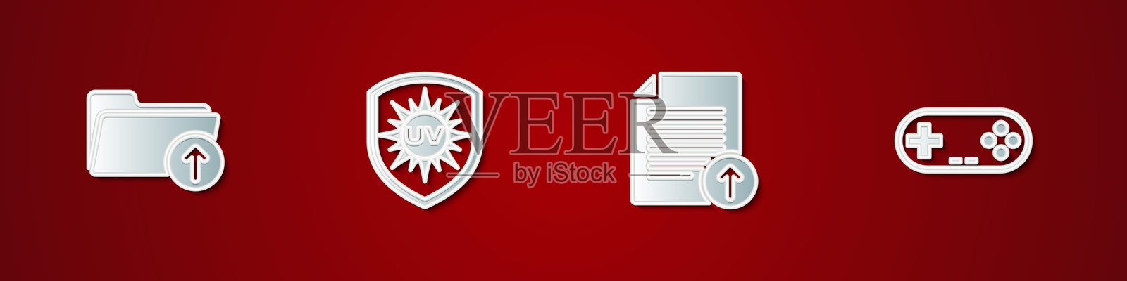 下载箭头与文件夹、UV保护、上传文件和游戏手柄图标。矢量图。插画图片素材