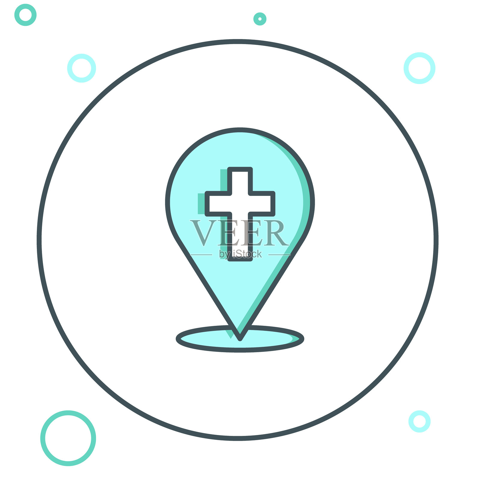 教堂建筑图标的线性地图图钉，孤立在白色背景上。基督教教堂。宗教教堂。彩色轮廓概念。矢量图。插画图片素材