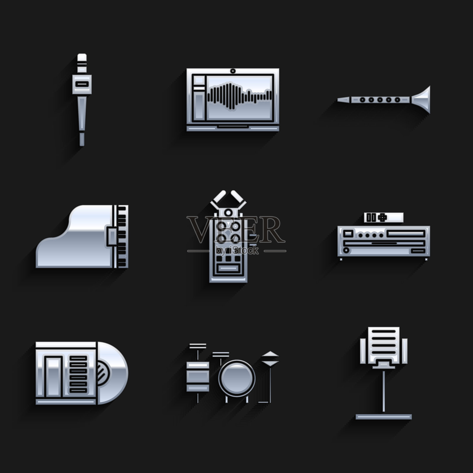 麦克风、鼓、乐谱架、CD播放器、黑胶唱片、钢琴、单簧管和图标。矢量图。插画图片素材